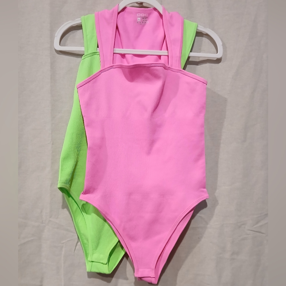 OQQ Large Pink/Green/& Black Ribbed Bodysuits